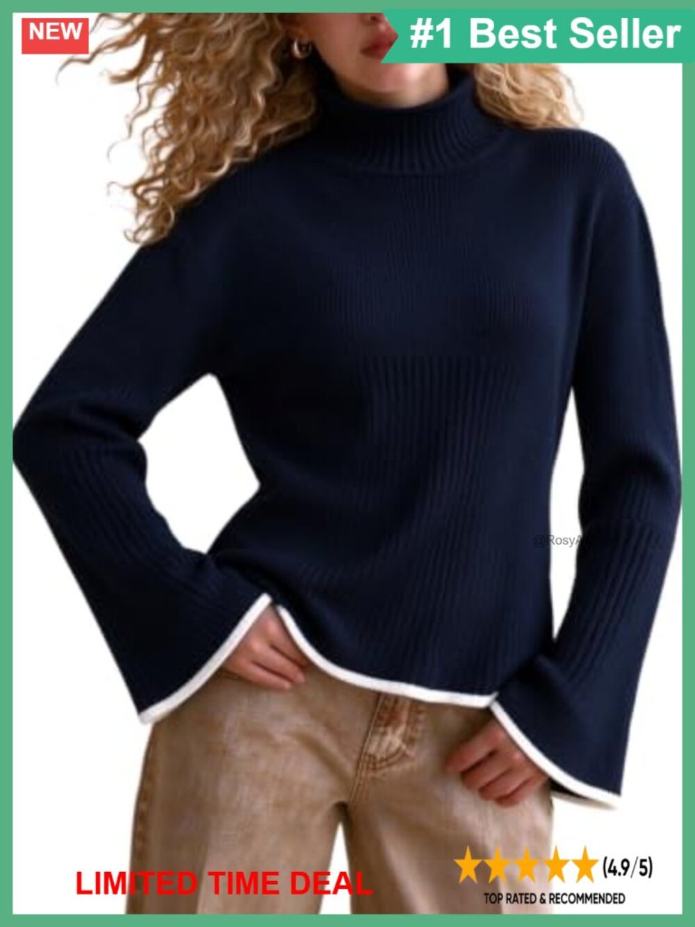 Roll Neck Bell Sleeve Knit Pullover Sweater Ribbed Mock Neck Long Sleeve